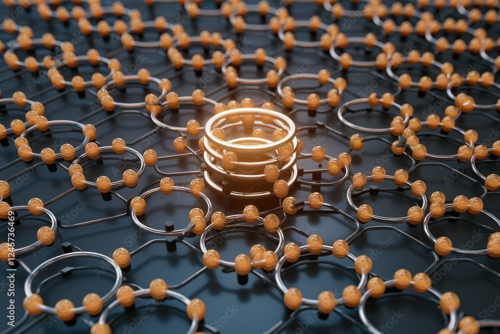 Poster Abstract 3D rendering of interconnected rings and spheres, representing a network or molecular structure.
