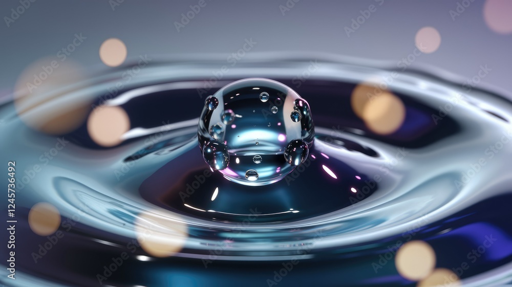 Poster a spherical water droplet creates mesmerizing ripples and reflections on a dark, glossy surface with