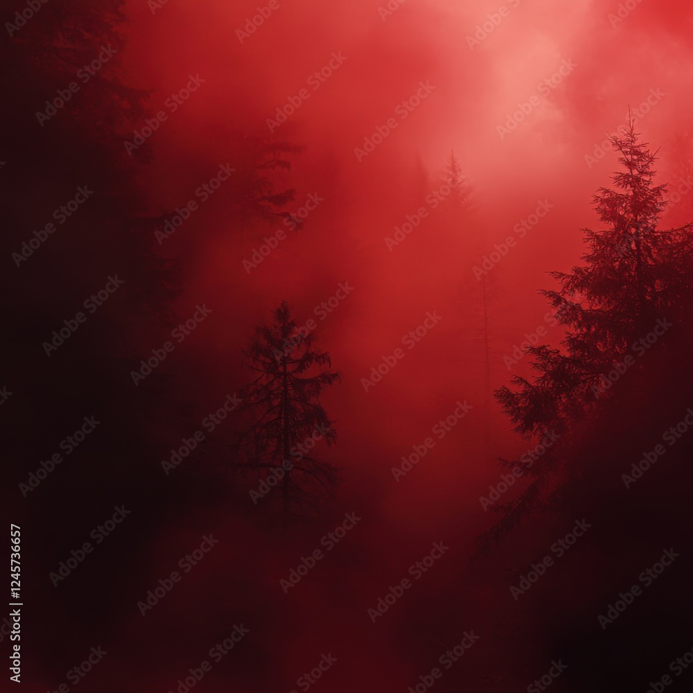 Wall mural red foggy forest landscape with trees and eerie light in the background creating a mysterious atmosp