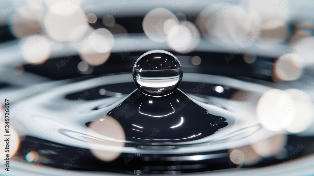 Aufkleber a perfectly spherical water droplet rests atop a dark, reflective surface, creating concentric rippl