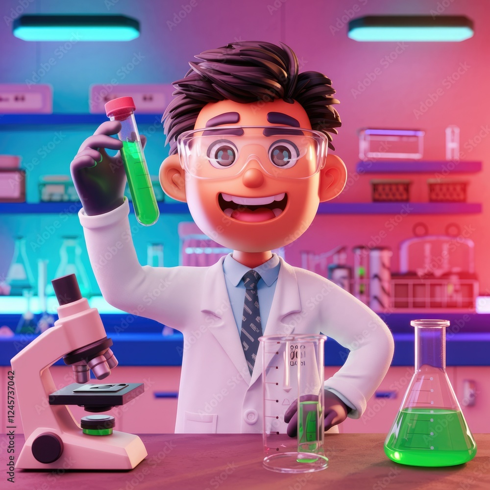 Poster a cheerful cartoon scientist conducts an experiment in a vibrant laboratory setting.