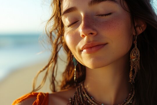 A young woman with light brown hair and closed eyes, smiling gently, standing on a beach with warm, natural lighting. - Powered by Adobe