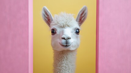 Fototapeta premium An alpaca peeking over a pastel-colored background, ideal for advertisements, banners, or cards with space for text.