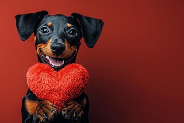 Promotion visual idea. Cute doberman pinscher dog with fluffy red heart - emblem of love, funny greeting card. Doberman pinscher - my beloved dog. Dog cuddling heart. Dog valentine's gifts.