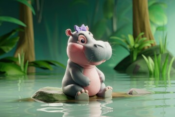 Naklejka premium Adorable baby hippopotamus wearing a bow, sitting peacefully on a rock in a calm jungle river.
