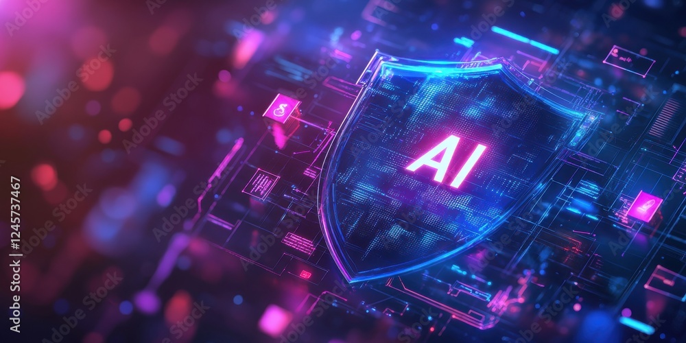 Poster digital shield symbolizing artificial intelligence with futuristic data network background represent