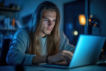 Image features a young man with long hair, focused on his laptop screen. He's sitting in front of it, typing or using the computer. The room is dimly lit and has a casual ambiance. It seems like a