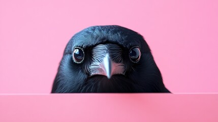 A black crow peeking over a pastel-colored background, perfect for advertisements, banners, or cards with space for text. Ideal for birthday party invitations