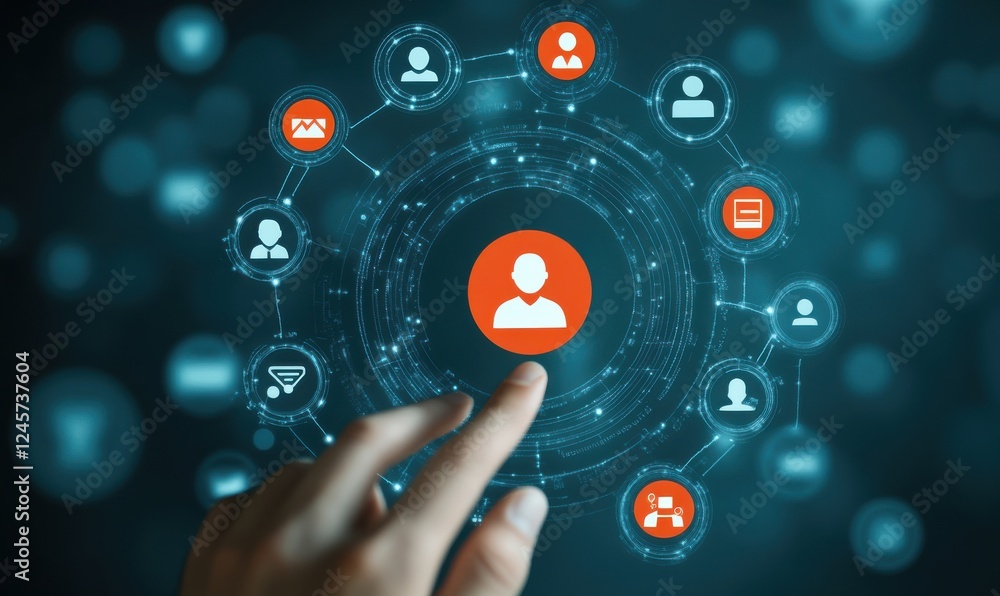 Poster digital user interface concept with profile symbols and connecting circles representing networking a