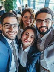 A group of young professionals smiling and posing for a photo, showcasing team spirit and camaraderie in a corporate environment.