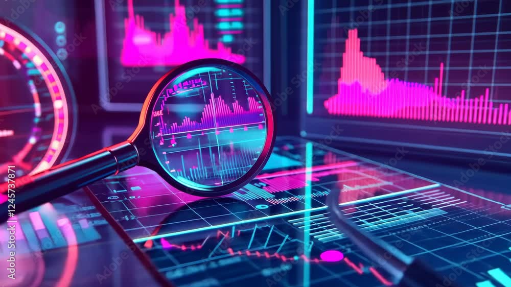 Poster dynamic data analysis with magnifying glass on colorful digital graphs