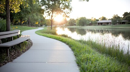 Fototapeta premium Serene sunset walk path by lake, homes in background