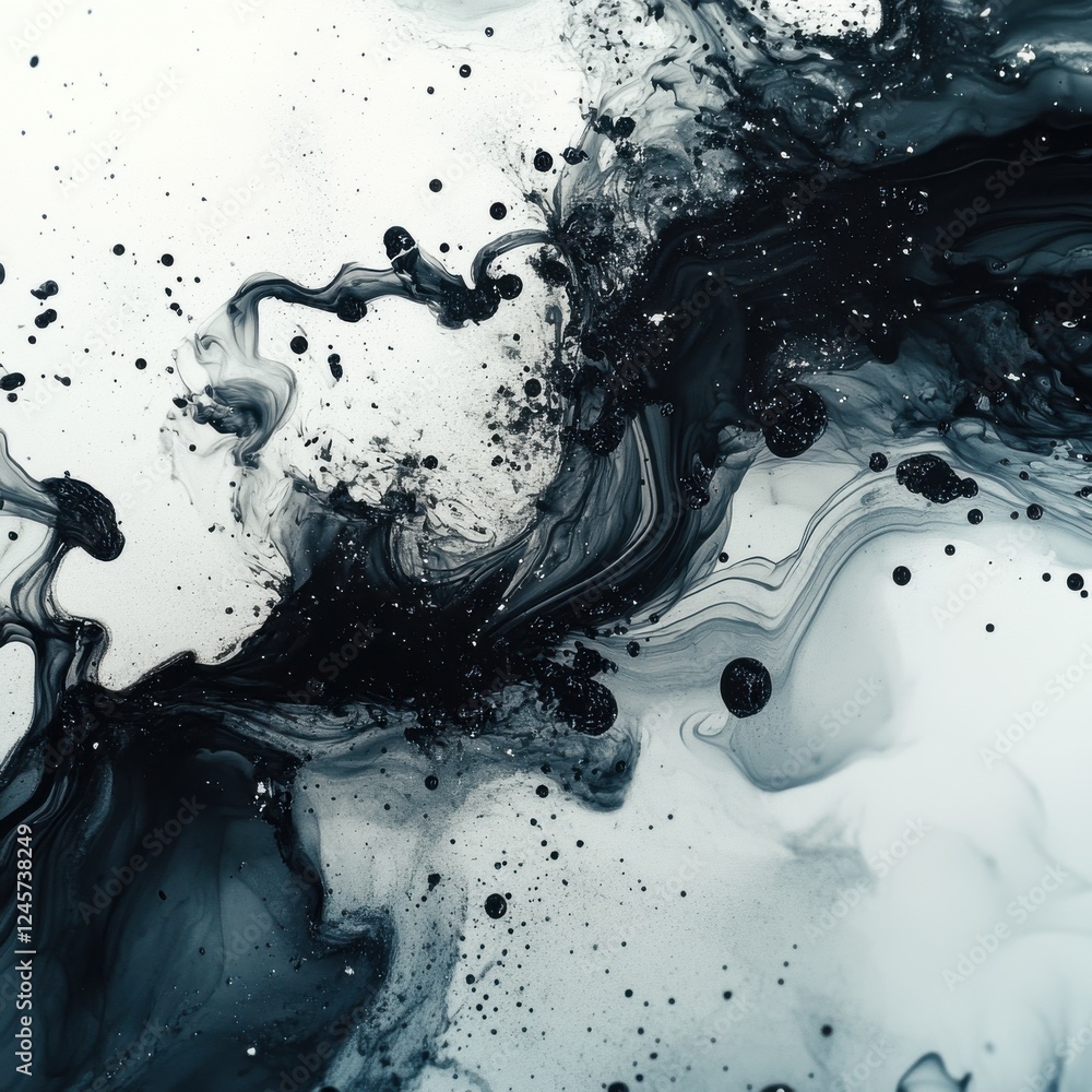 Wall mural black and white liquid swirl and ink splashes creating an artistic abstract background design
