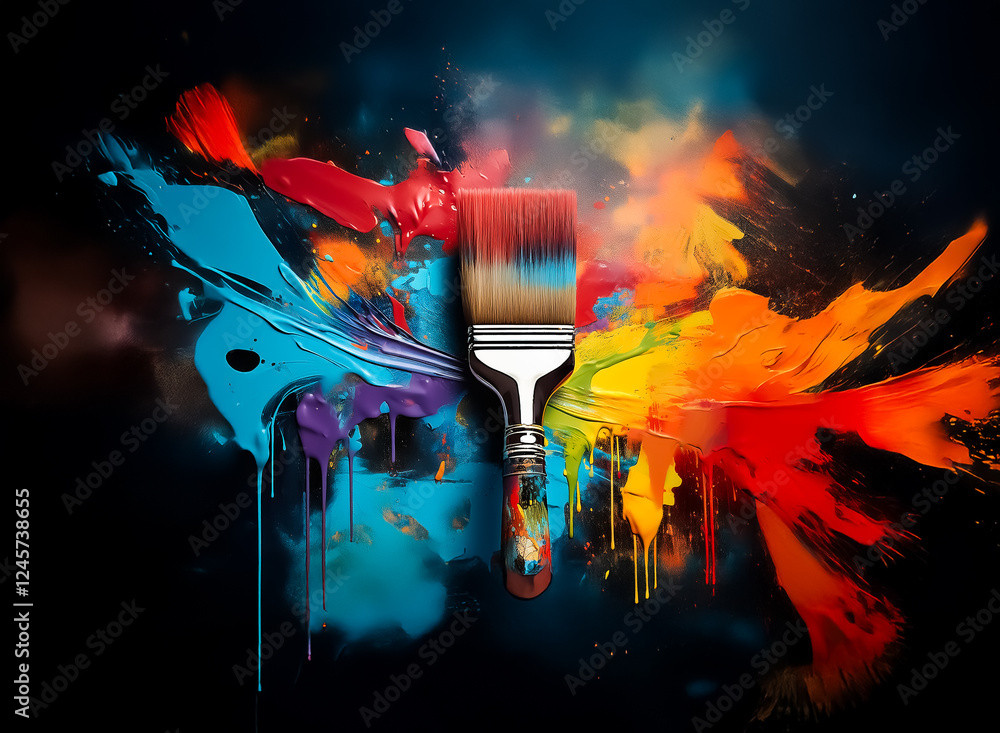 Poster a paintbrush unleashes a vibrant explosion of colorful paint splatters against a dark backdrop, crea