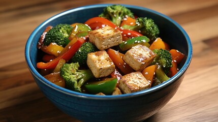 A vibrant, healthy stir-fry featuring a mix of tofu, broccoli, bell peppers and carrots served on a wooden dining table. The dish is generously drizzled with sauce and garnished with fresh green