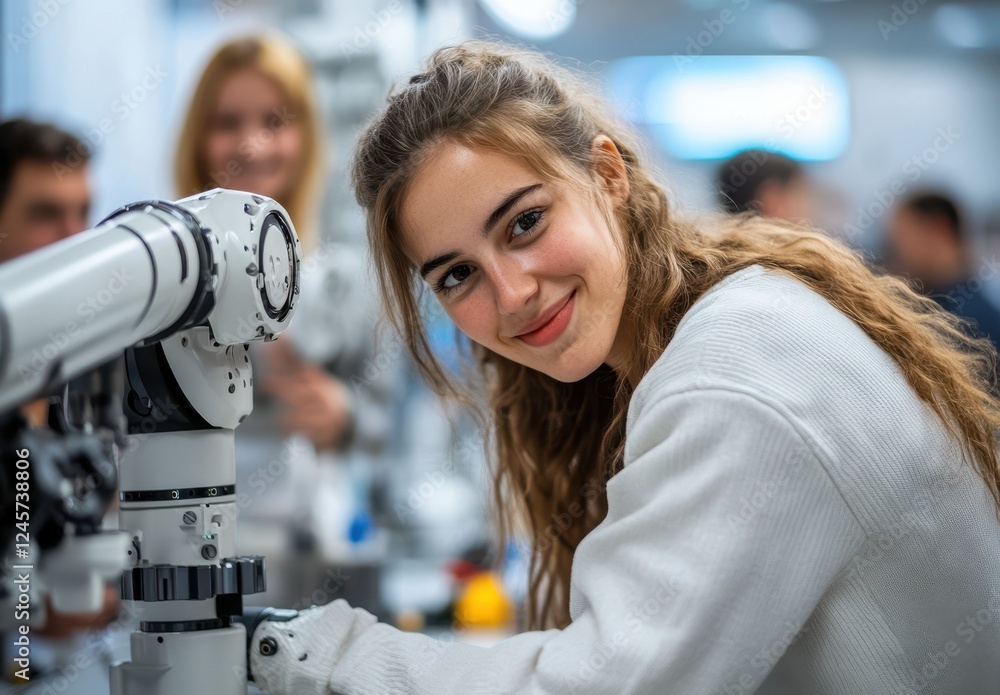 Poster enthusiastic young woman smiling while interacting with advanced robotics technology in a modern lea