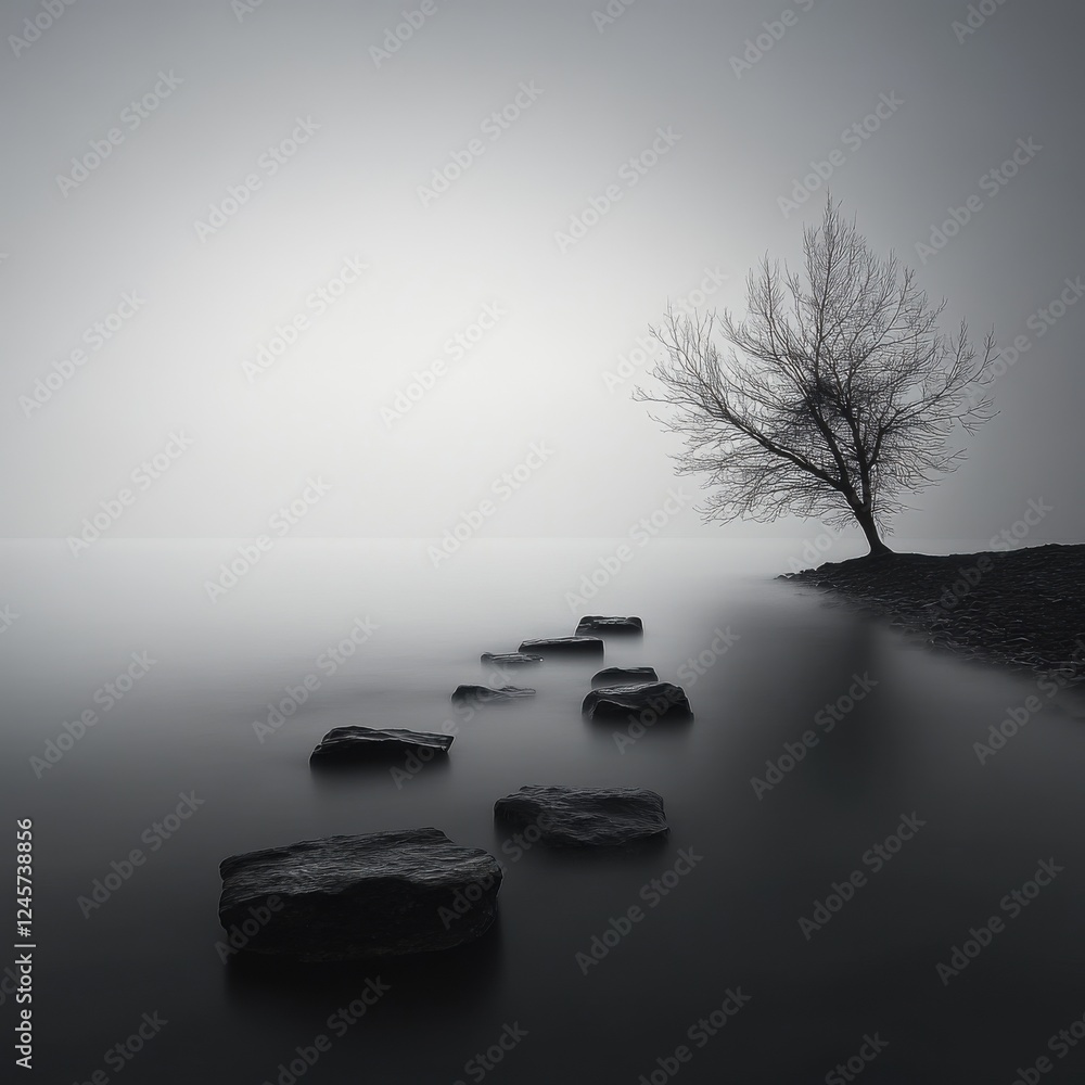 Wall mural lone tree in misty landscape with soft fog creating a mysterious serene atmosphere at dawn