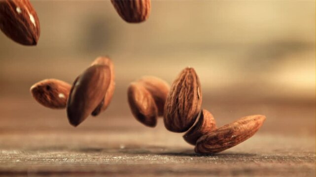 Video footage of almonds falling on the table. Slow motion footage is 1000 frames per second.