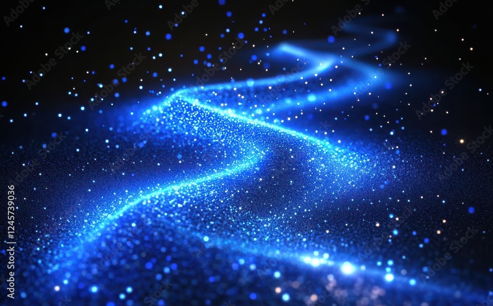 Poster ethereal blue light particles flowing in a dark background, creating a mystical and dreamlike atmosp