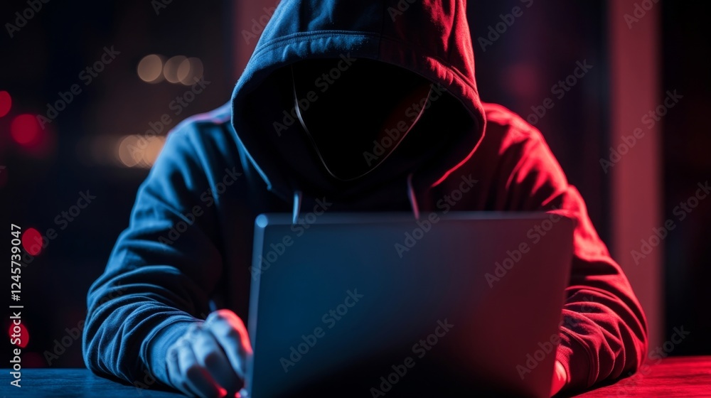 Poster cybersecurity threat: anonymous hacker working on laptop in low light