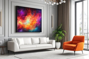 Vibrant nebula art decorates modern living room