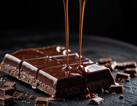 Melted chocolate pours smoothly over rich, glossy chocolate bars, creating a decadent and indulgent scene with a dark, moody background and scattered chocolate chips