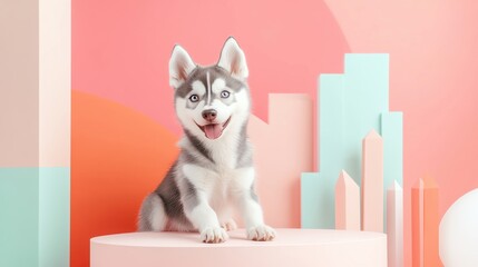 Playful husky puppy in colorful setting.