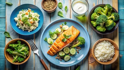 Fototapeta premium A Healthy and Delicious Meal Featuring Pan-Seared Fish with Lentil, Rice, and Broccoli Dishes