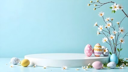 Blue platform for the presentation of goods for Easter.