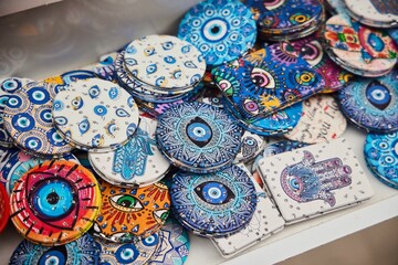 Various souvenirs with ceramic paintings