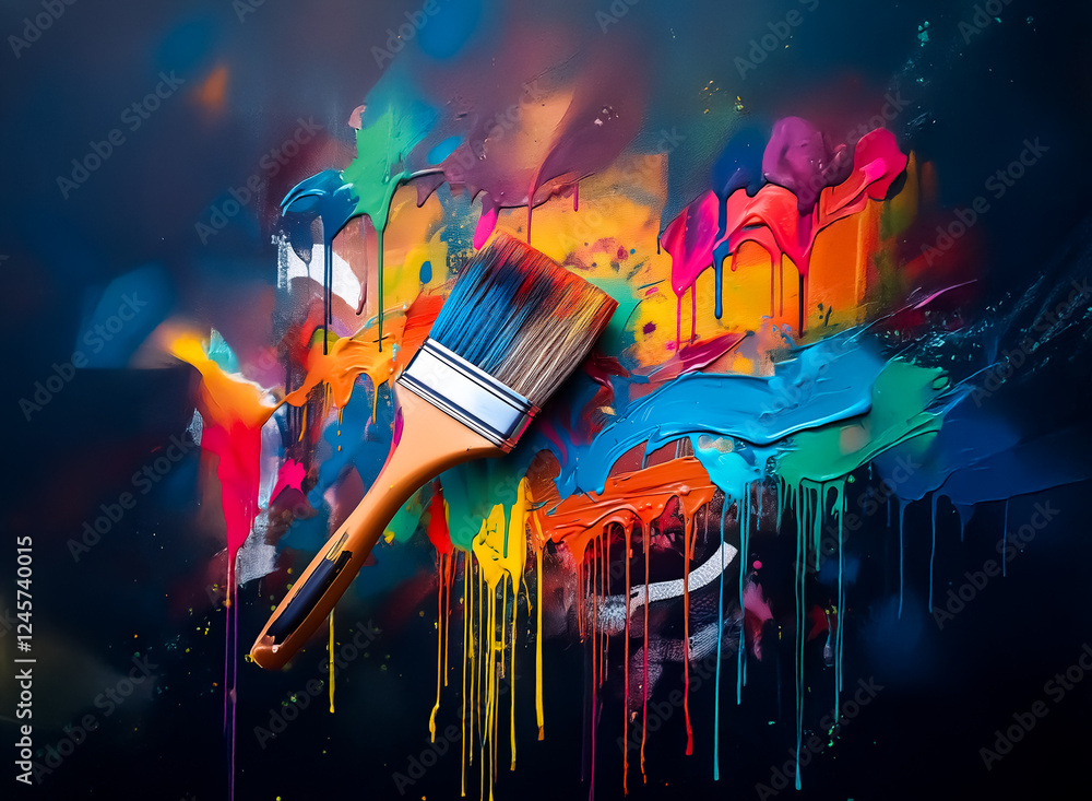 Poster a paint brush is surrounded by vibrant paint splatters and drips on a dark backdrop, creating an abs