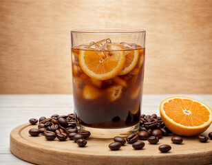 Glass with cold brew and coffee beans, orange and rosemary on wooden board against light background 