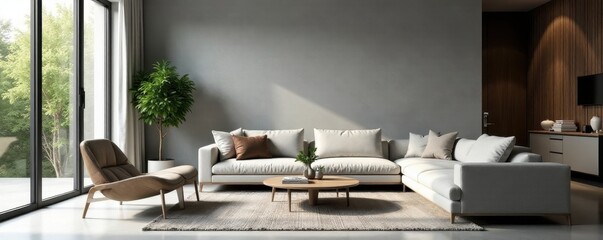 Sleek grey wall, modern living space with natural elements, lighting, room