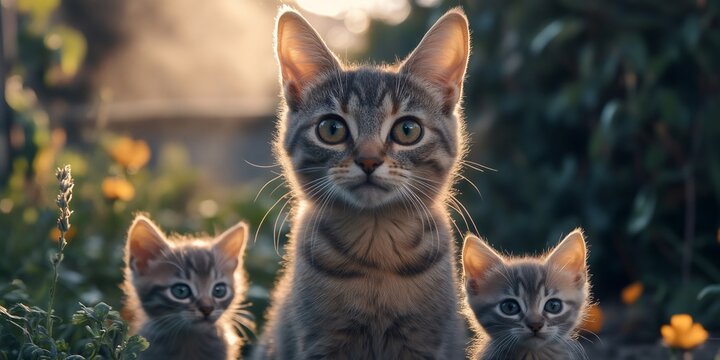 Curious tabby cat and kittens in sunlit garden