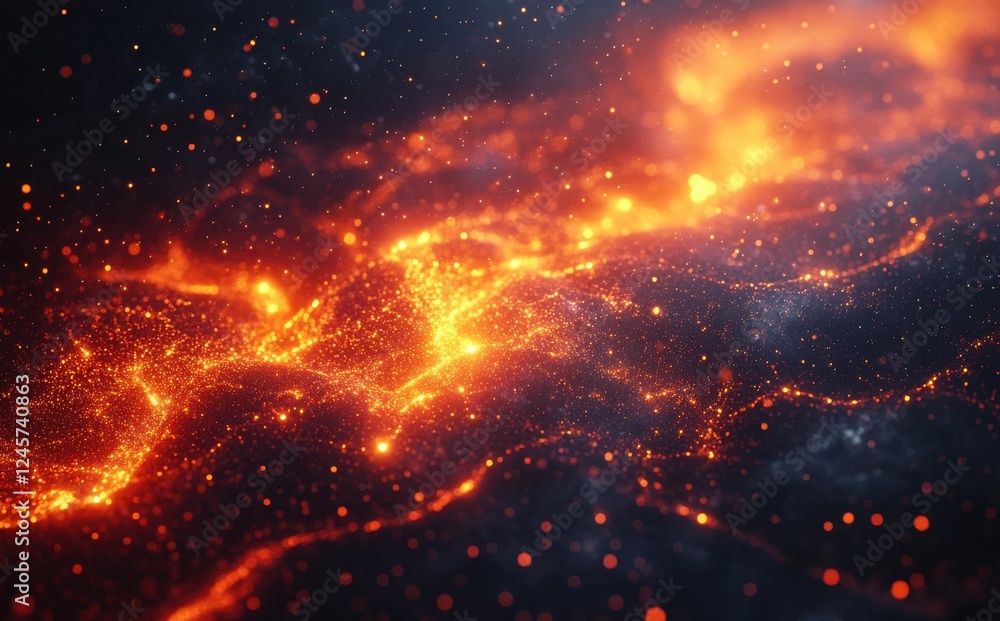 Poster fiery abstract background with glowing particles and fluid motion creating an enigmatic cosmic scene