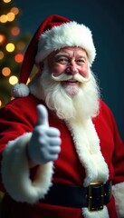 Smiling Santa gestures towards empty ad space, advertisement, promotion