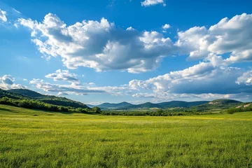 Fototapeten Sunny meadow, rolling hills, blue sky, clouds, landscape © shafiyyah