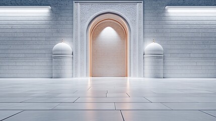 Serene architectural interior featuring an elegant archway and domed structures in a minimalist space