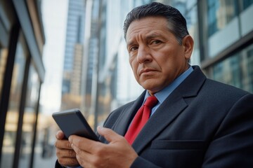A man in a business suit looking at a smartphone, with an urban backdrop featuring tall buildings and subway infrastructure, conveying a sense of professionalism and modern lifestyle.