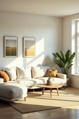 Fototapeta premium Sunlit minimalist living room, large window, bare walls, scandi, bright