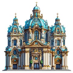 Naklejka premium Opulent Baroque Cathedral Architectural Masterpiece in Blue and Gold.