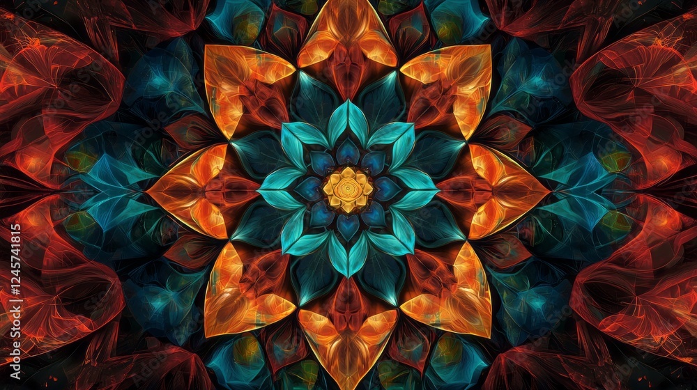 Poster colorful shapes and intricate patterns form a stunning mandala, radiating warmth and energy. deep bl
