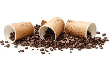 Spilled Coffee Beans from Brown Disposable Cups Surrounded by Coffee Grounds on a White Background Perfect for Coffee or Beverage-Themed Projects