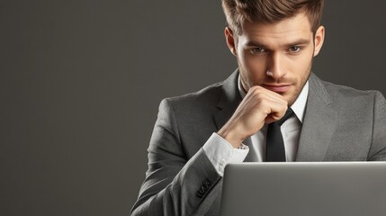 This image captures a moment of deep thought and decision-making for a professional businessman. The man is seated at a desk in an office setting, wearing a suit and tie, holding his chin as he