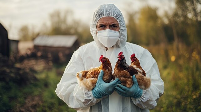 A veterinarian dressed in a full protective suit and mask, carefully holding a chicken near an abandoned farm, as part of efforts to manage and contain the bird flu outbreak, ensuring safety 