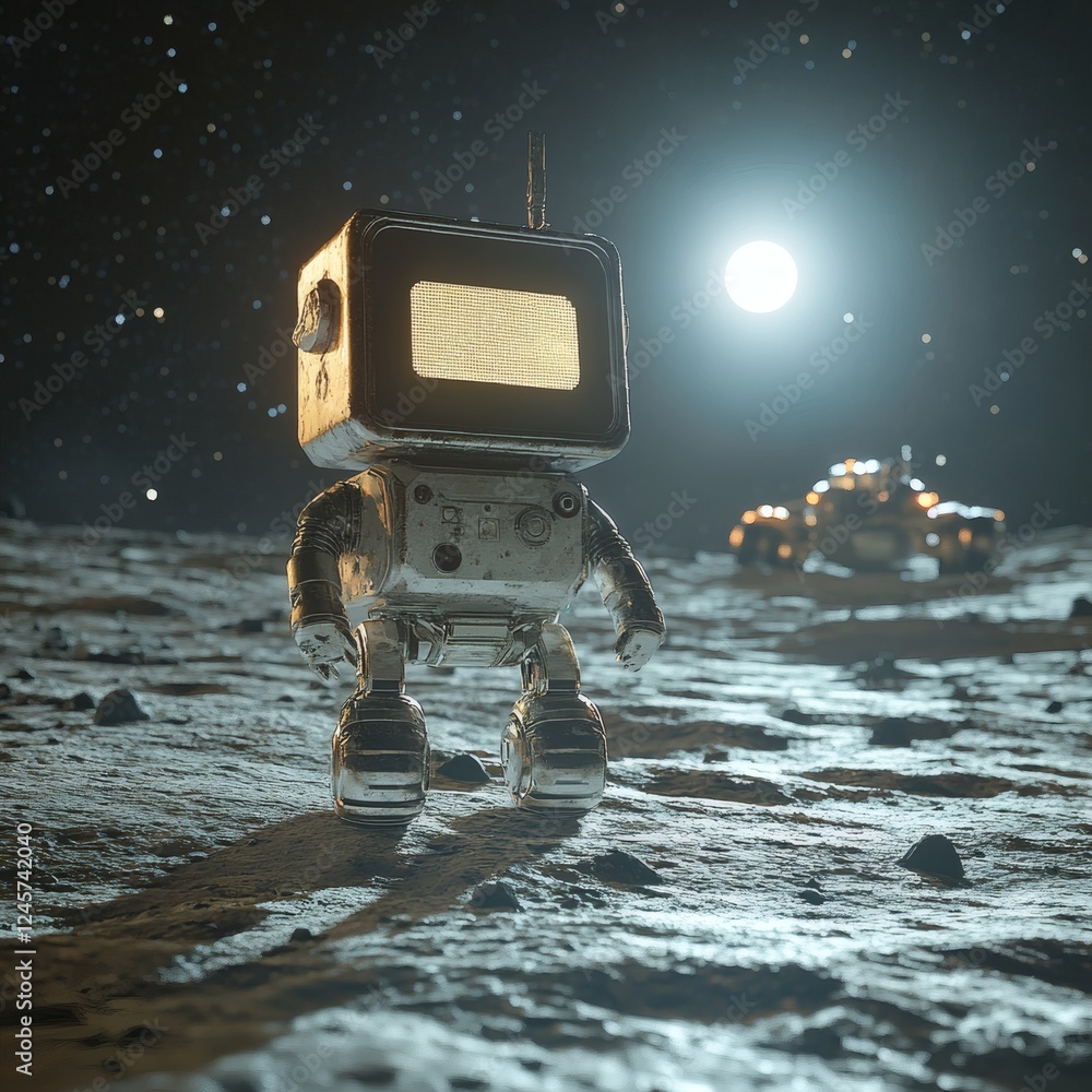 Poster friendly robot a square body and screen eyes sprinting across the moon's cratered surface with lunar