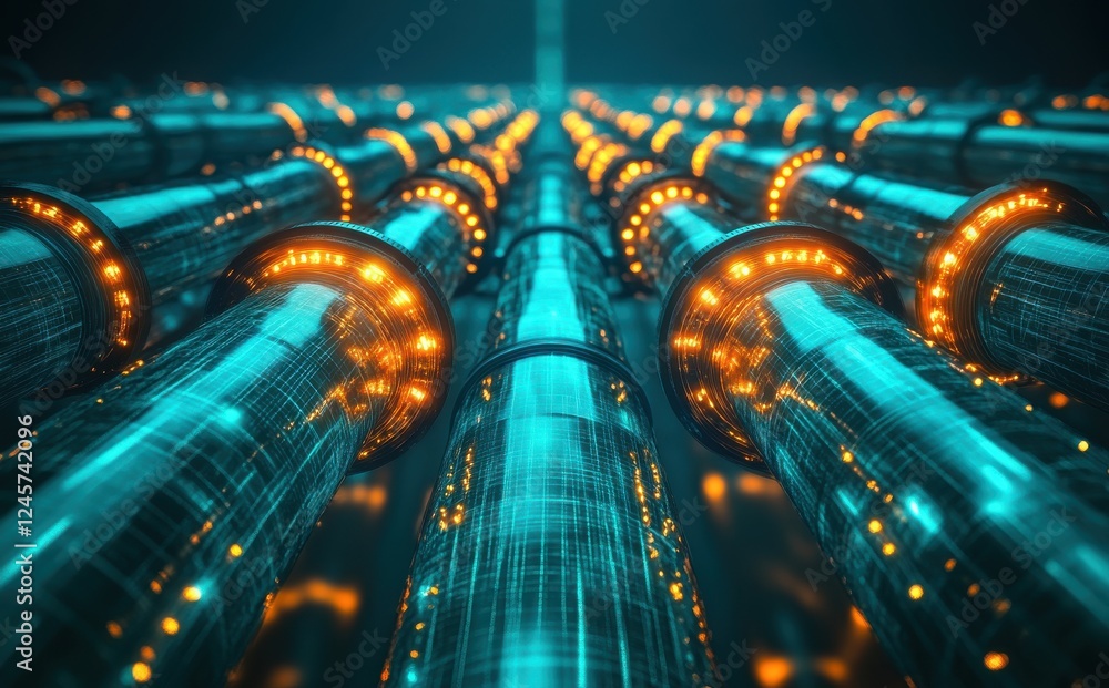 Poster futuristic abstract image of illuminated tubes with neon glow in a high-tech environment, reflective