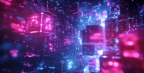Fototapeta premium Futuristic Abstract Digital Environment with Colorful Cubes and Glowing Lights in a Neon Space