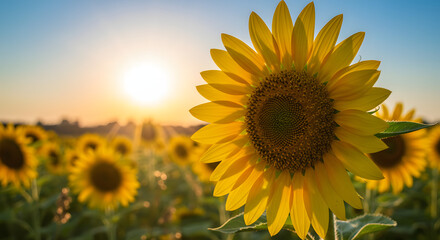 Golden Hour Sunflower Field: A captivating view of a sunflower field basking in the golden light of the setting sun, the petals of the sunflowers radiate warmth against a tranquil backdrop.