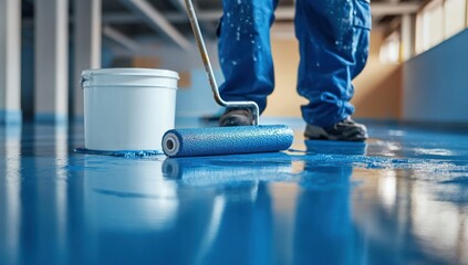 Worker applies a fresh coat of vibrant blue epoxy paint to a smooth floor